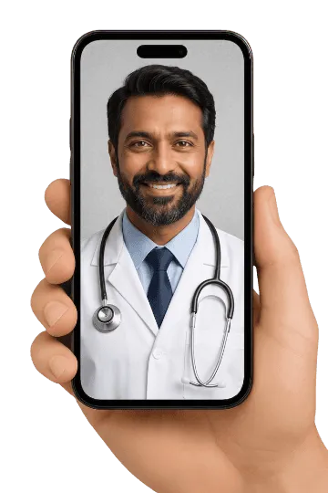 Doctor holding phone for telehealth